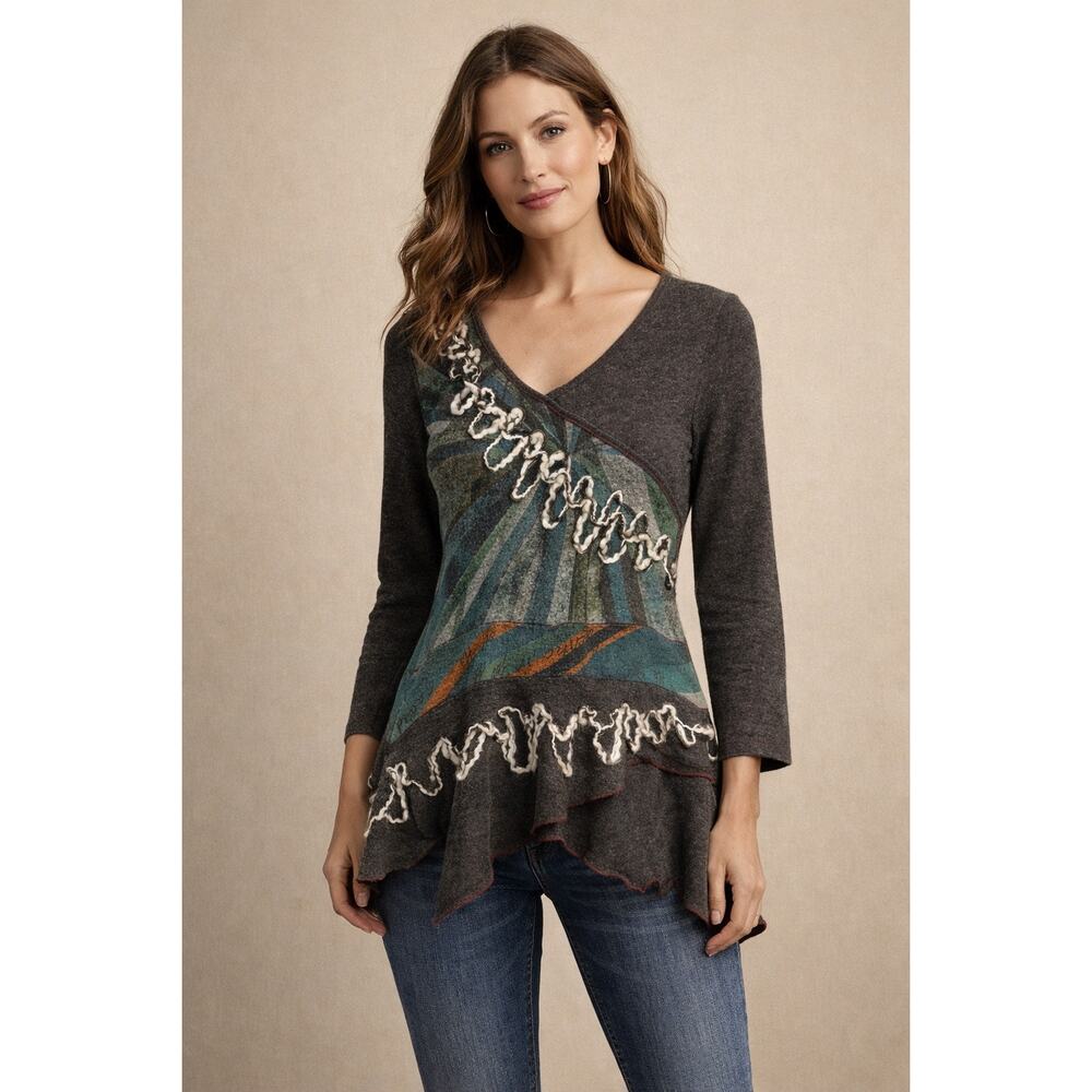 Bella Carra Artsy Boho Tunic Top | Size Small | Viscose Blend | Asymmetric Hem